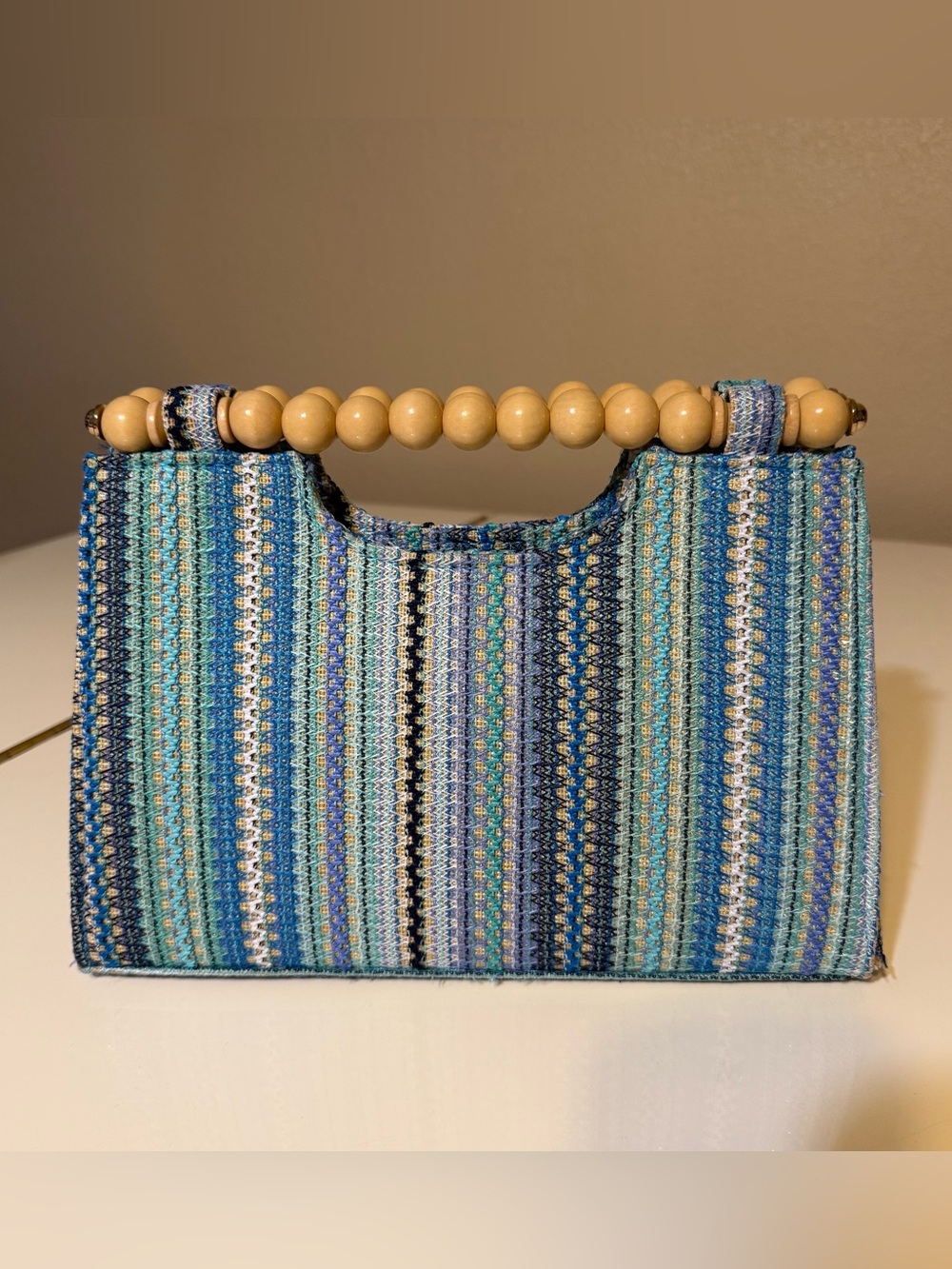 Boho Striped Woven Handbag with Wood Bead Top Handle Blue Teal